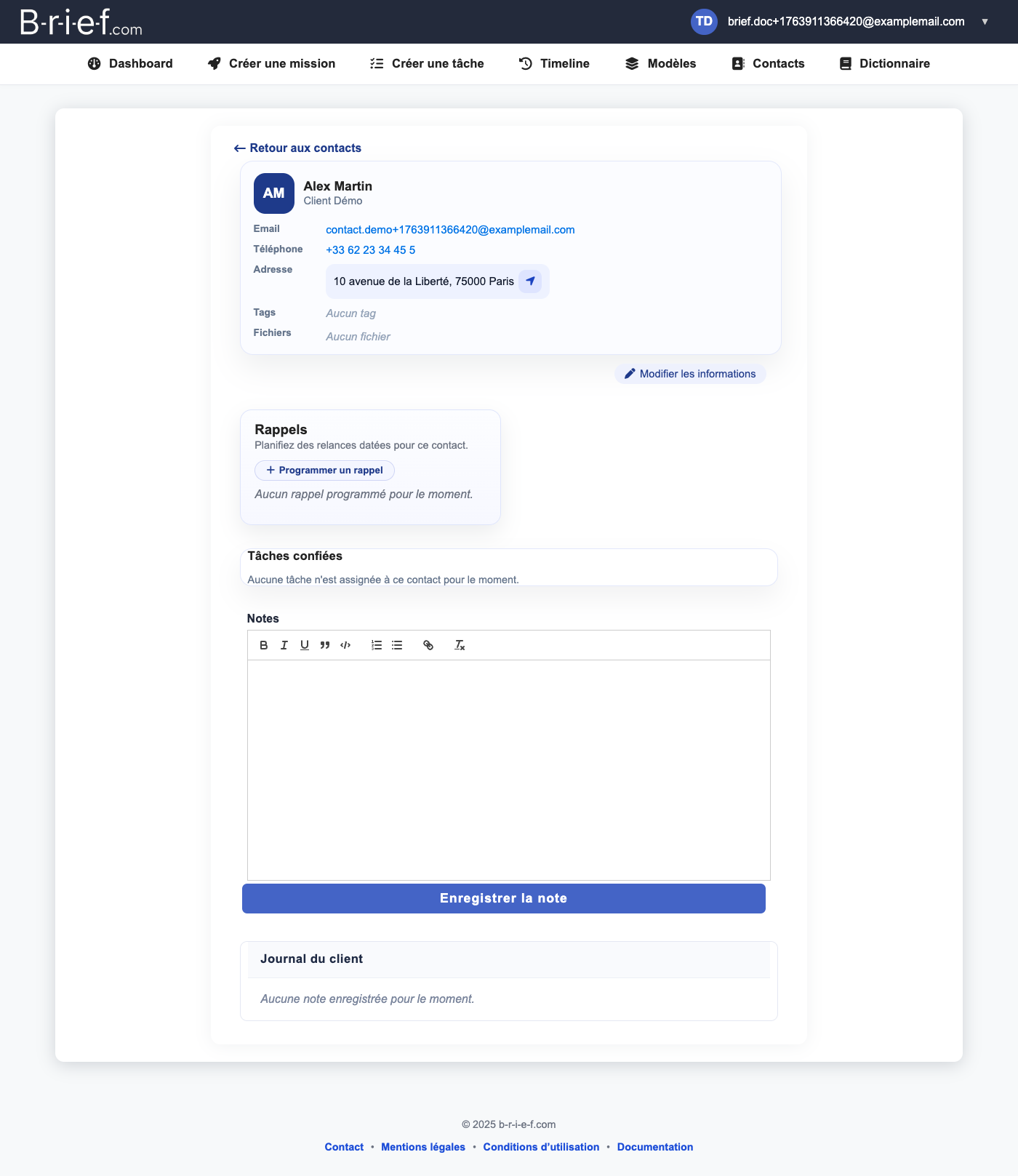 Fiche contact avec résumé, tags et rappels