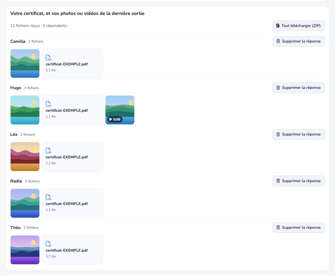 Les fichiers reçus dans le pilotage : « 11 fichiers reçus · 5 répondants », bouton « Tout télécharger (ZIP) », et pour Camille, Hugo, Léa, Nadia et Théo les vignettes de photos, une vidéo de 6 secondes et les certificats PDF