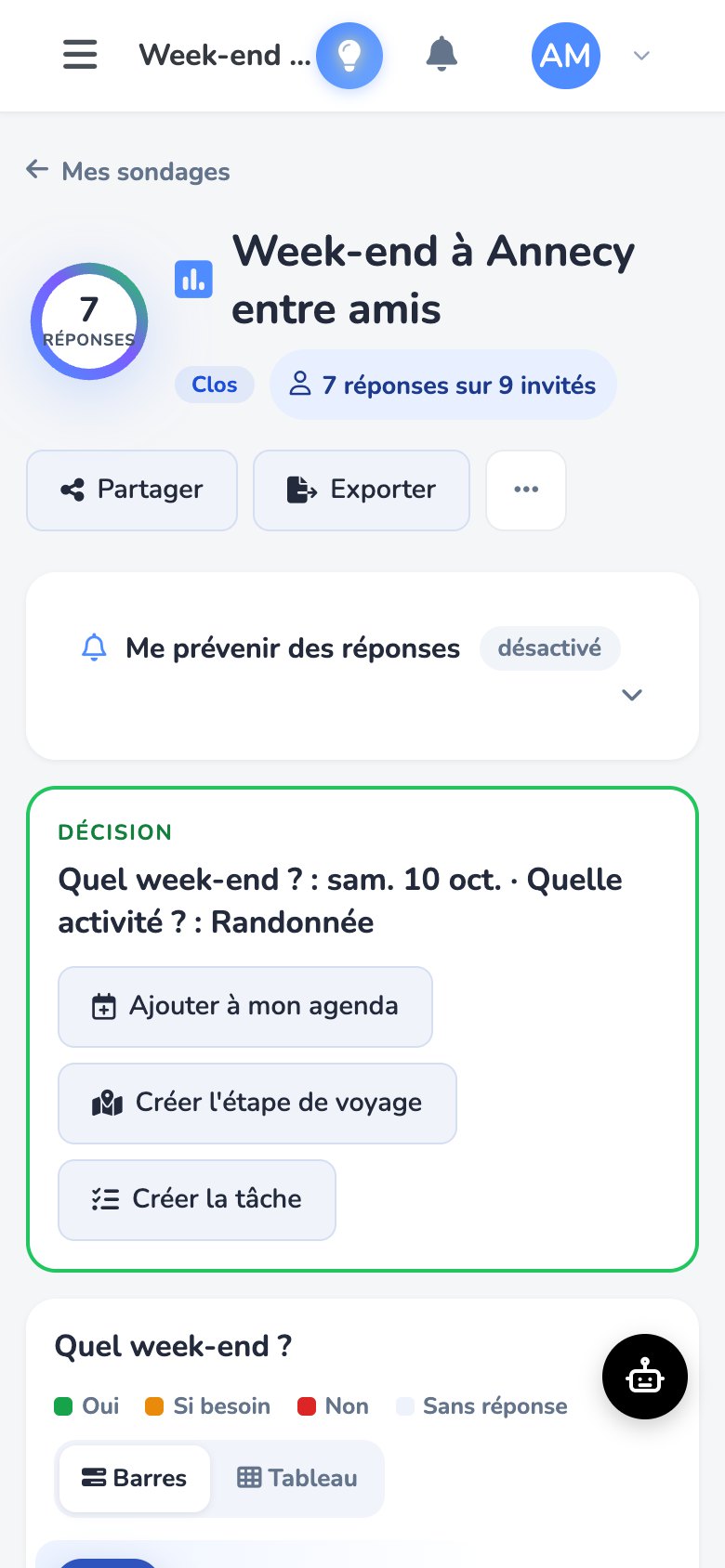 Le pilotage sur téléphone après la décision : sondage clos, bloc « Décision : sam. 10 oct. · Randonnée » avec les boutons « Ajouter à mon agenda », « Créer l'étape de voyage » et « Créer la tâche »
