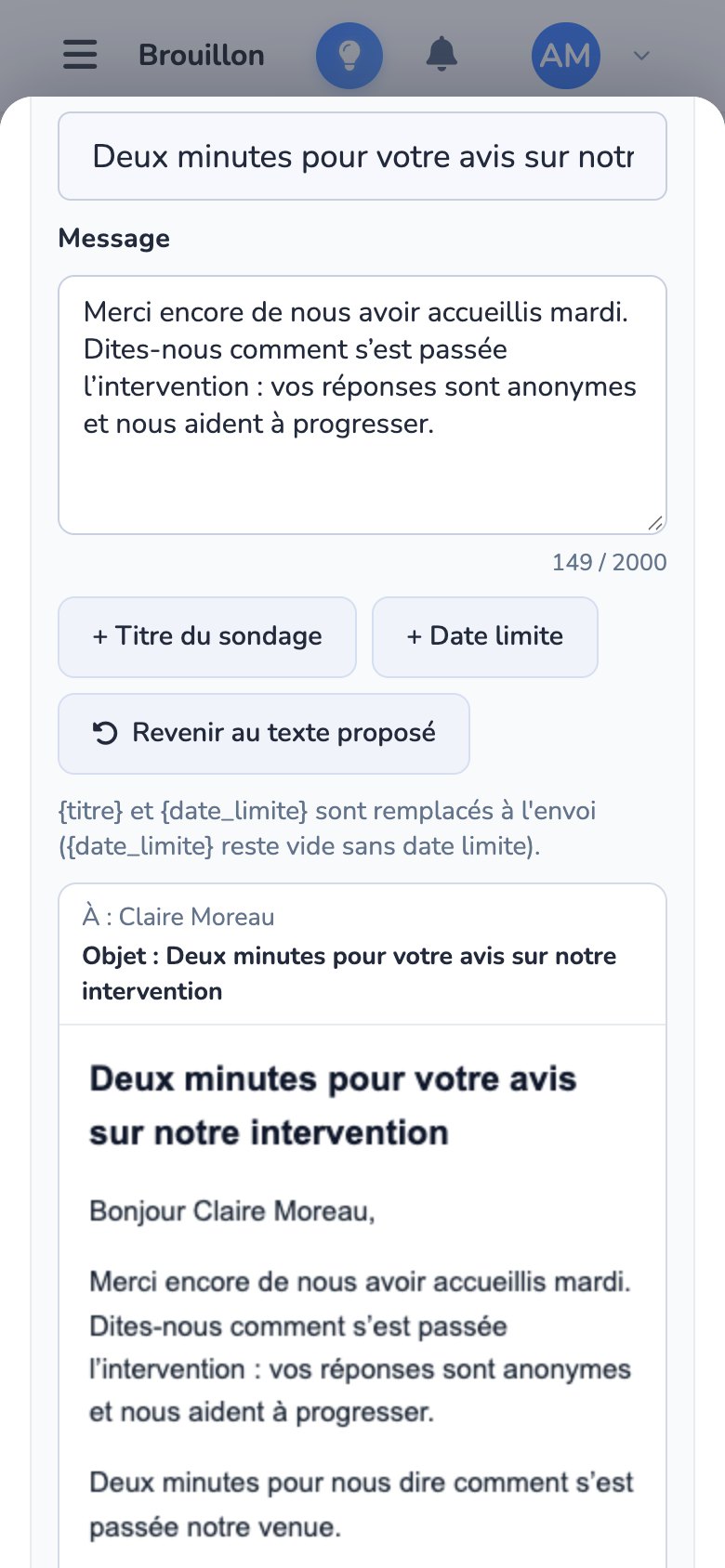 L'aperçu de l'e-mail d'invitation sur téléphone : l'objet et le message modifiés, les boutons « + Titre du sondage », « + Date limite » et « Revenir au texte proposé », puis l'e-mail tel qu'il partira : « À : Claire Moreau », l'objet, « Bonjour Claire Moreau », le message et la description du questionnaire