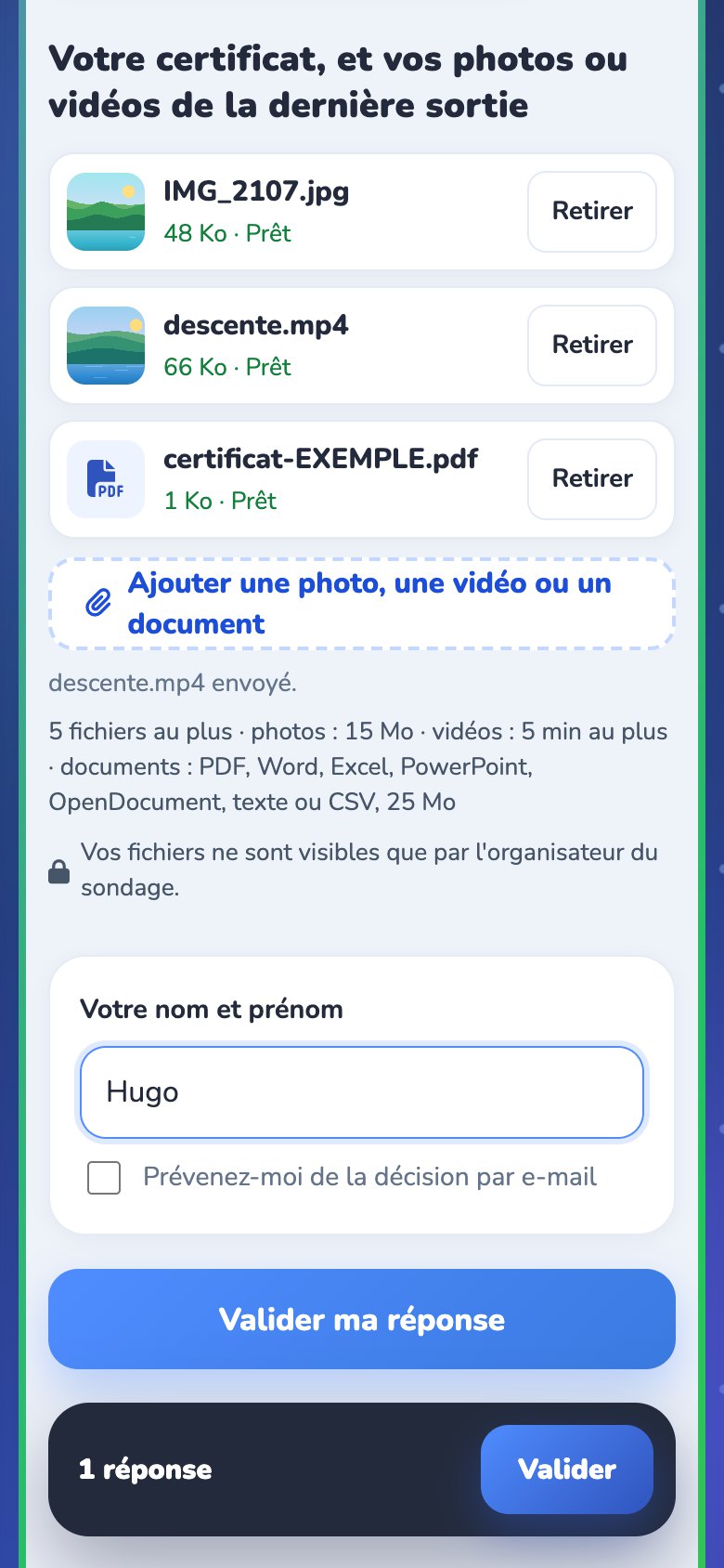 L'inscription de Hugo sur téléphone : une photo, une vidéo et un certificat PDF prêts, les limites (5 fichiers au plus, photos 15 Mo, vidéos 5 min, documents 25 Mo) et la mention « Vos fichiers ne sont visibles que par l'organisateur du sondage »