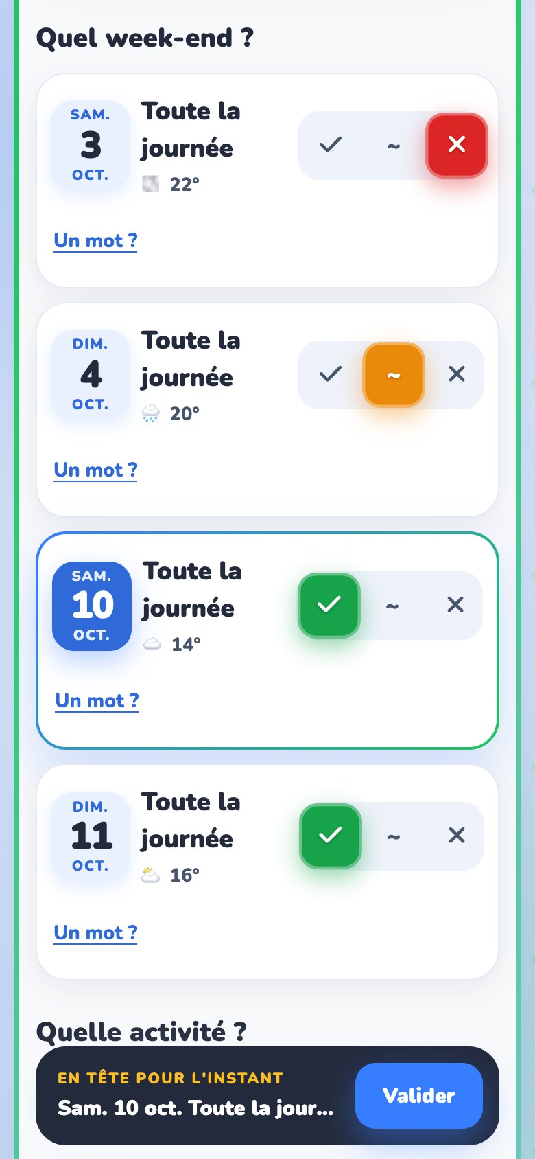 La page de réponse d'un sondage de dates sur téléphone : quatre dates d'octobre avec leur météo et les boutons oui, si besoin et non ; en bas, « En tête pour l'instant : sam. 10 oct. » et le bouton Valider