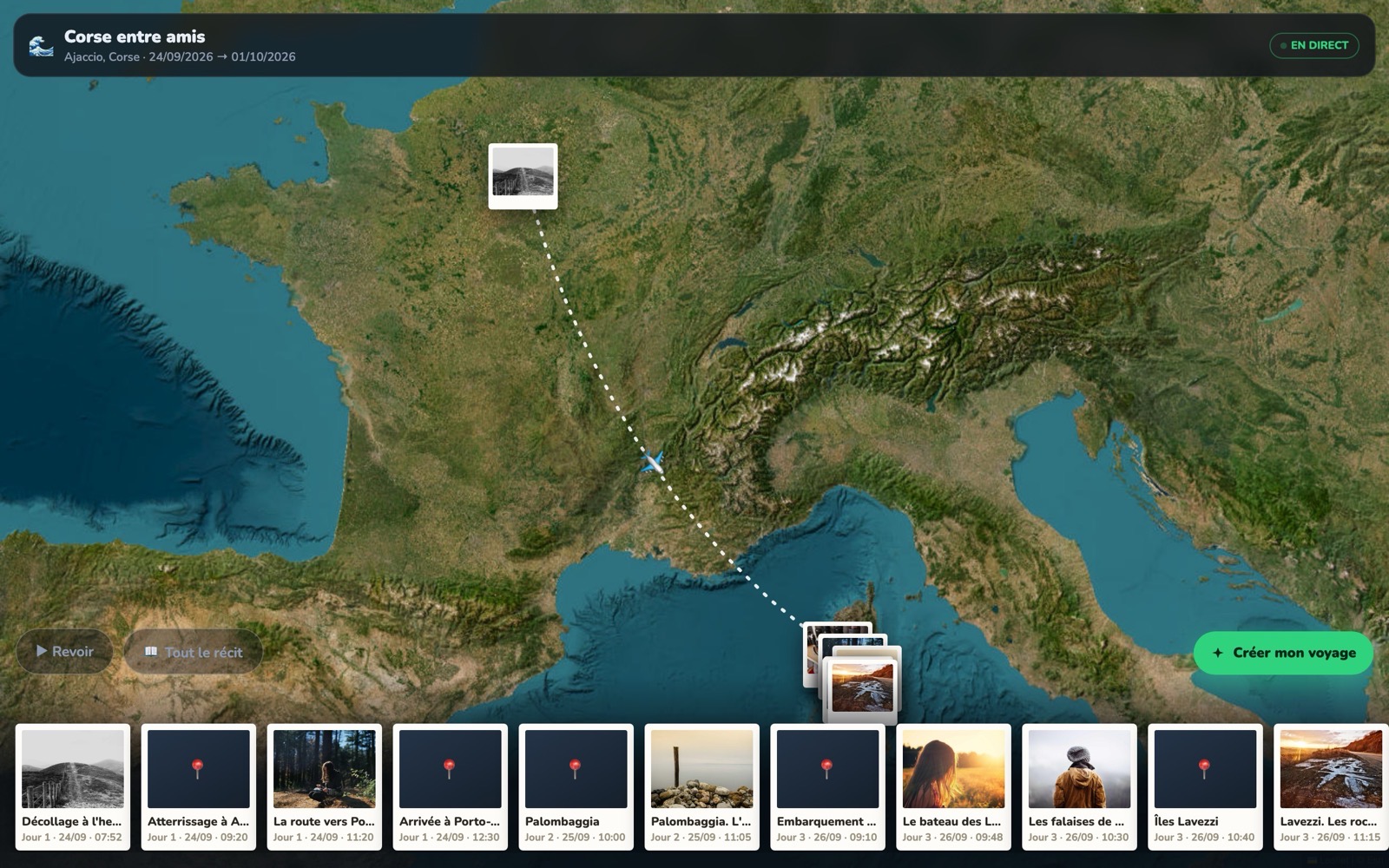 La page publique du récit : trajet Paris → Corse sur la carte, photos des étapes, bouton « Créer mon voyage »
