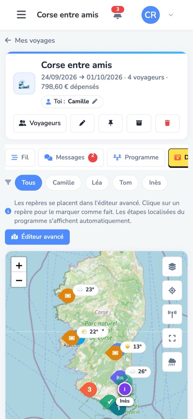 La carte de la Corse avec les étapes numérotées, les repères des voyageurs et la météo