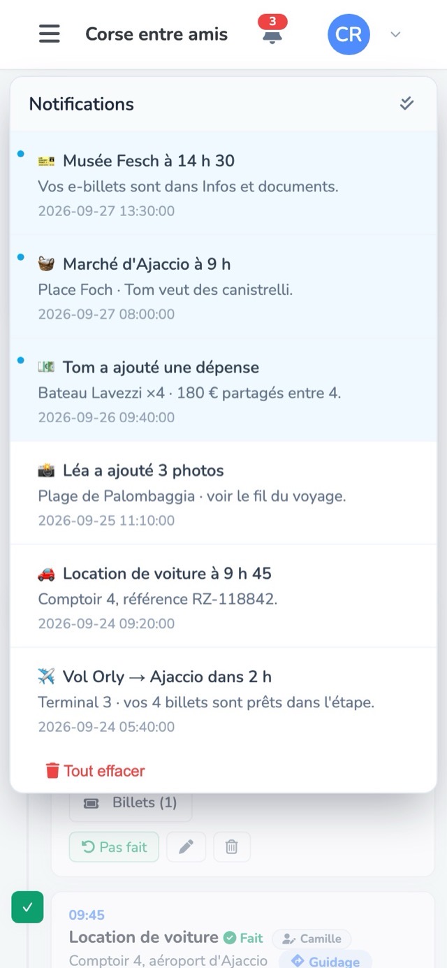 Les notifications du voyage : musée Fesch à 14 h 30, marché d'Ajaccio à 9 h, dépense de Tom, photos de Léa, vol dans 2 h