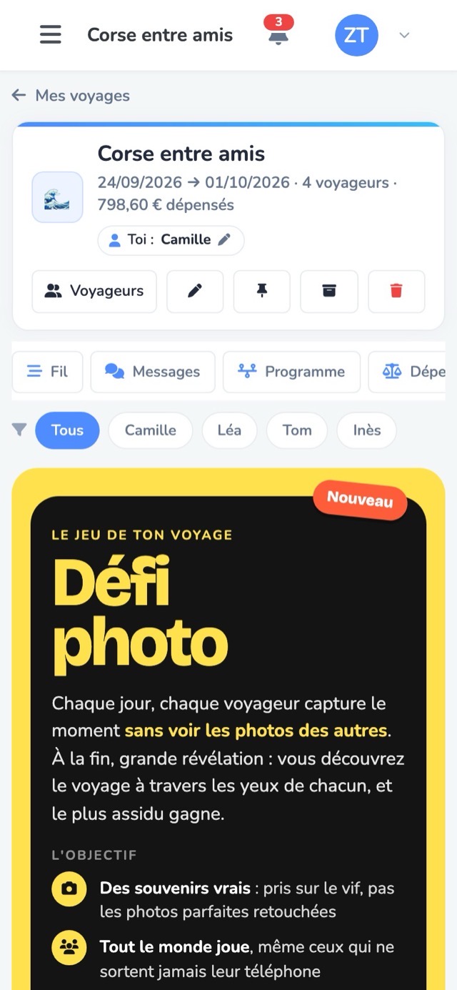 L'écran de lancement du défi photo