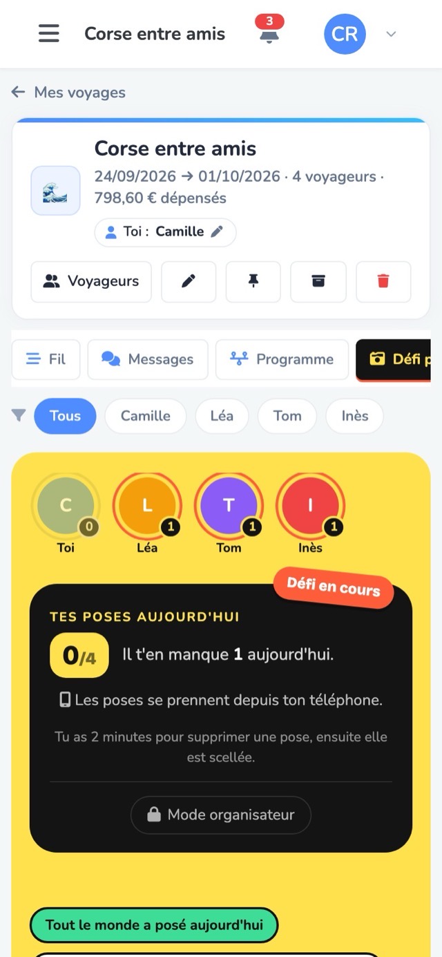 Le défi en cours : Léa, Tom et Inès ont posé aujourd'hui
