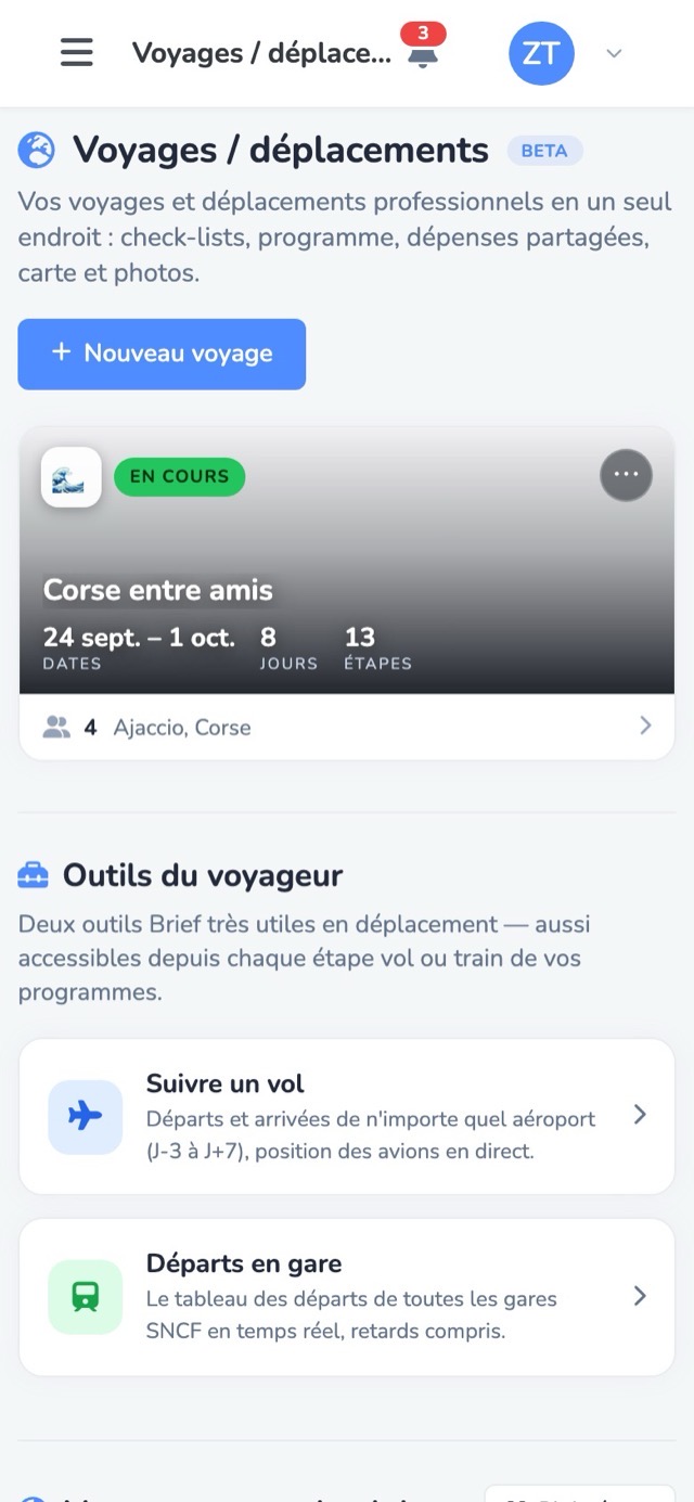La liste de mes voyages dans Brief, avec « Corse entre amis » en cours