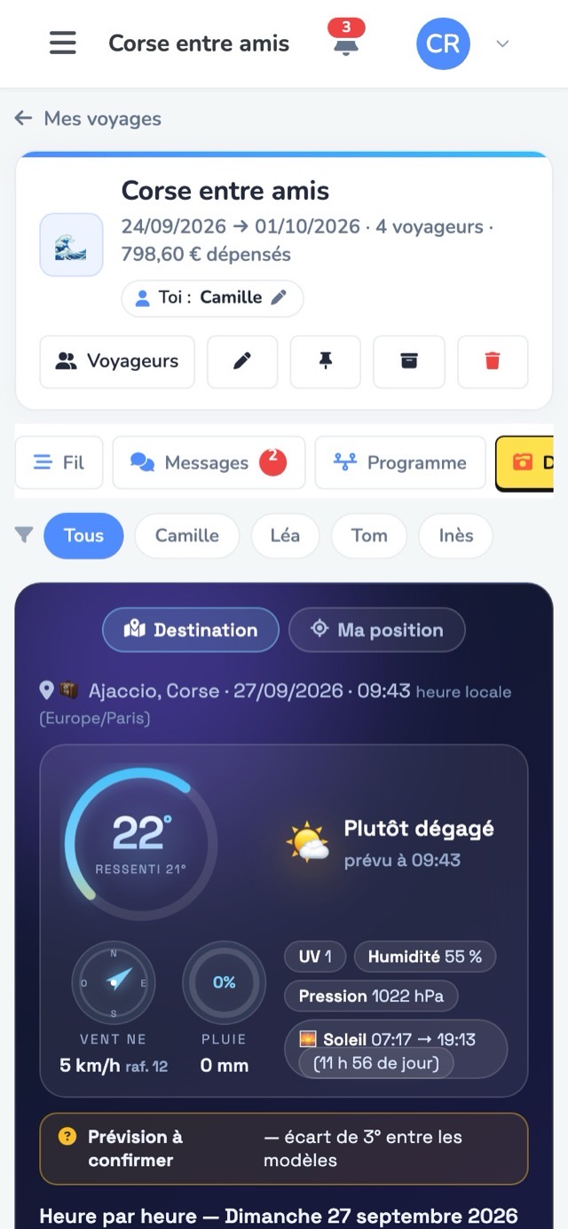 L'onglet Météo : Ajaccio, 22 degrés, plutôt dégagé, vent, pluie, UV et heures du soleil