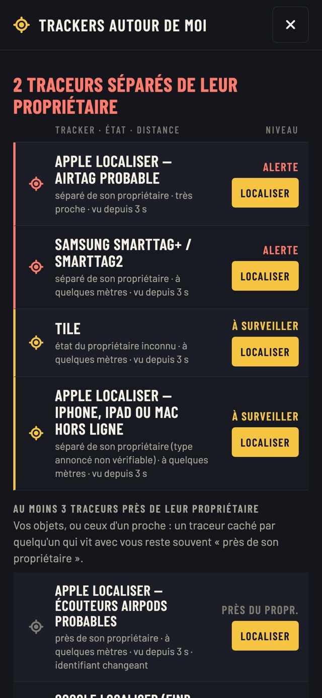 La recherche de trackers : « 2 traceurs séparés de leur propriétaire », un AirTag probable et un SmartTag en alerte, chacun avec le bouton Localiser