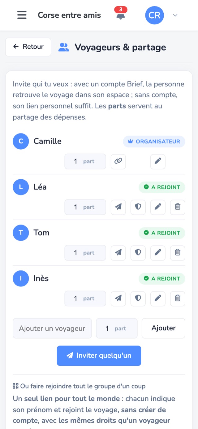 L'écran Voyageurs et partage : Camille organisatrice, Léa, Tom et Inès ont rejoint