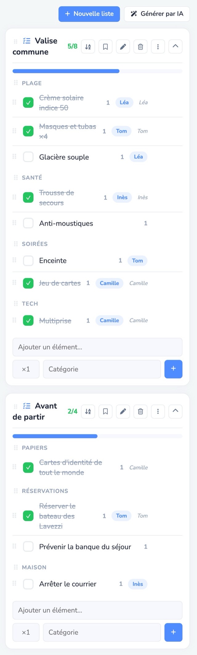 La check-list « Valise commune » : 5 articles sur 8 cochés, chacun attribué à un voyageur