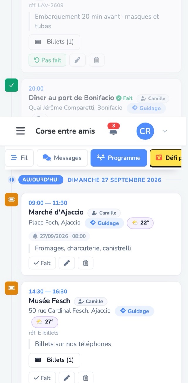 Le programme du 24 septembre : vol Paris-Orly → Ajaccio avec ses billets, location de voiture, arrivée à l'hôtel