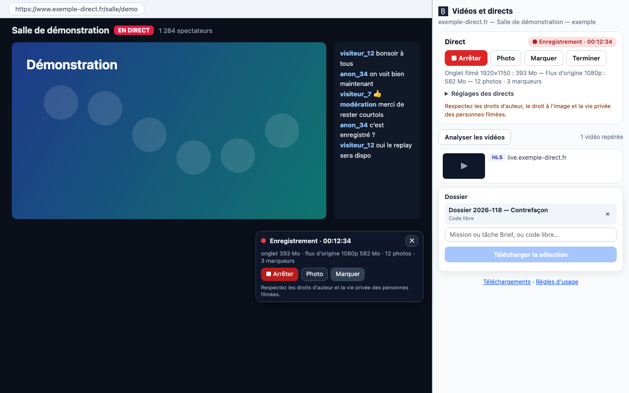 Un direct en cours d'enregistrement : bouton flottant sur la page et panneau avec l'onglet filmé, le flux d'origine, les photos et les marqueurs