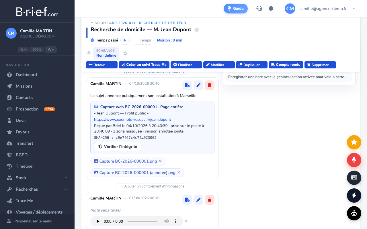 Une capture de page web rangée dans une tâche B-r-i-e-f, avec son bandeau de constat daté